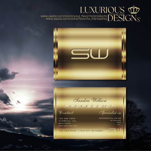Luxe Gold Shimmer Effect en Faux 3D Initialen Visitekaartje
