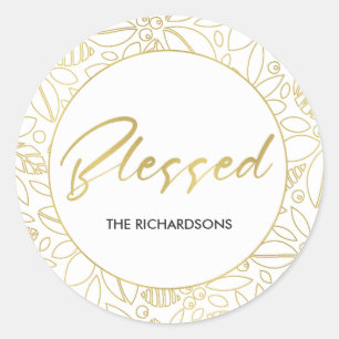LUXE GOLD WHITE HOLLY BERRIES CHRISTMAS BLESSED RONDE STICKER