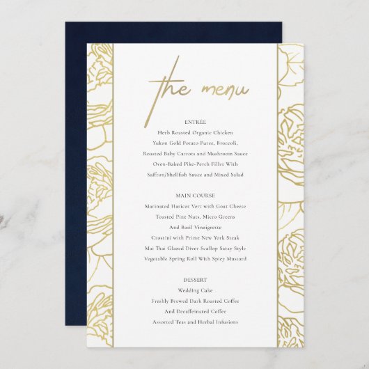 LUXE GOLD WHITE NAVY ELEGANT ROOS FLORAL MENU (Voorkant / Achterkant)