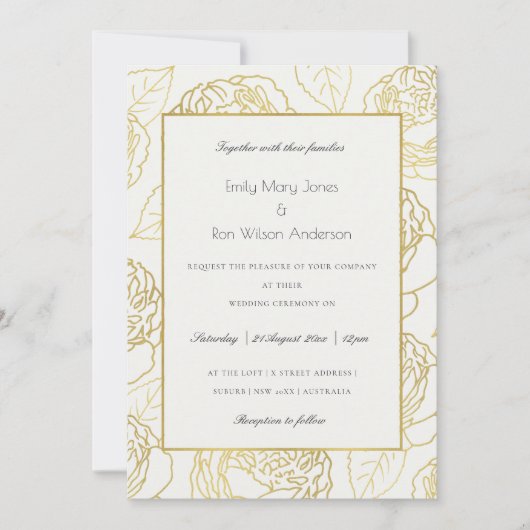 LUXE GOLD WHITE NAVY ELEGANT ROOS FLORAL WEDING KAART (Voorkant)