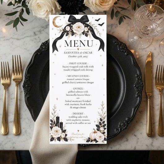 Luxe Gotische Zwarte Strik Trouwmenu | Halloween  Menu