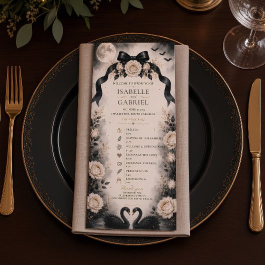 Luxe Gotische Zwarte Strik Trouwprogramma | Moonli Menu