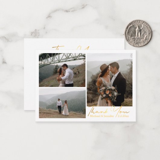 luxe goud bedankt 3 foto ' s collage bruiloft notitiekaartje (Voorkant / Achterkant in situ)