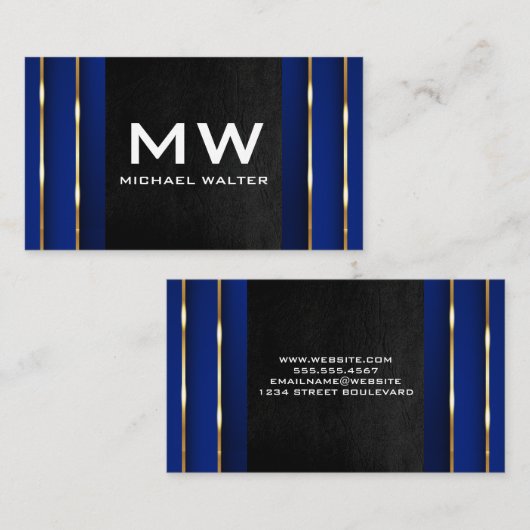 Luxe Goud Blauwe Achtergrond | Zwart Leer Visitekaartje (Voorkant / Achterkant)