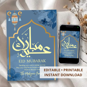 Luxe Goud & Blauwe Bloemrijke Boog Eid Mubarak Kaa Feestdagenkaart