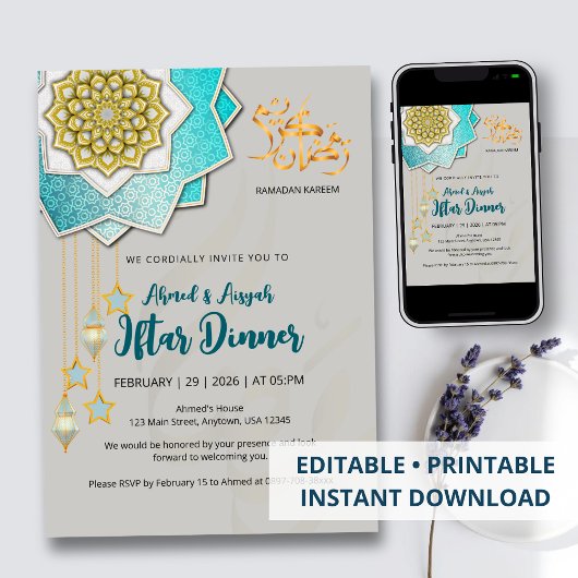 Luxe Goud & Blauwe Ramadan Iftar Uitnodiging