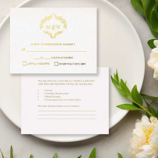 Luxe Goud Bruiloft monogram kuif Maaltijd selectie Folie Feestdagen Briefkaart