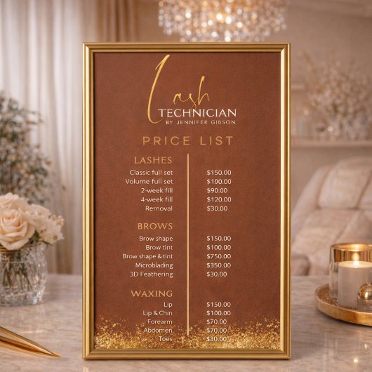 Luxe Goud & Bruine Lash Tech Prijslijst Poster