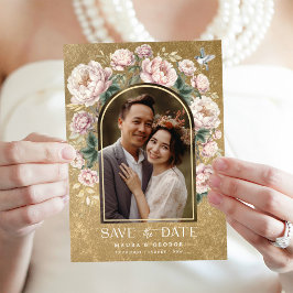 Luxe Goud Chinoiserie Bloemenfoto Save the Date Kaart