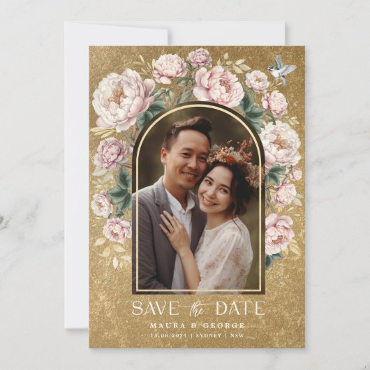 Luxe Goud Chinoiserie Bloemenfoto Save the Date Kaart (Voorkant)