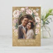 Luxe Goud Chinoiserie Bloemenfoto Save the Date Kaart (Staand voorkant)