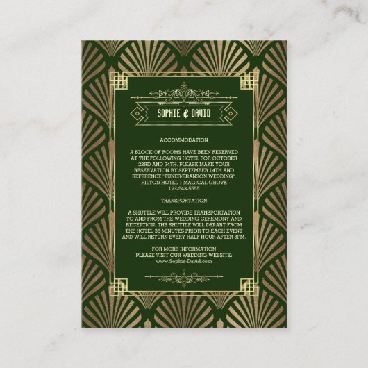 Luxe Goud Donker Groen Art Deco Bruiloft Details Informatiekaartje (Voorkant)
