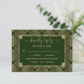 Luxe Goud Donker Groen Art Deco Bruiloft RSVP Kaartje (Staand voorkant)
