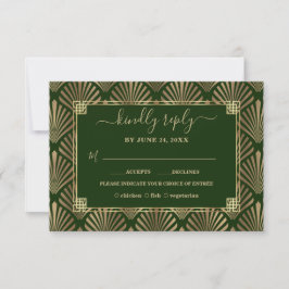 Luxe Goud Donker Groen Art Deco Bruiloft RSVP Kaartje