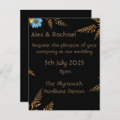 Luxe Goud en Blauw Bloemen Bruiloft Uitnodiging (Voorkant / Achterkant)