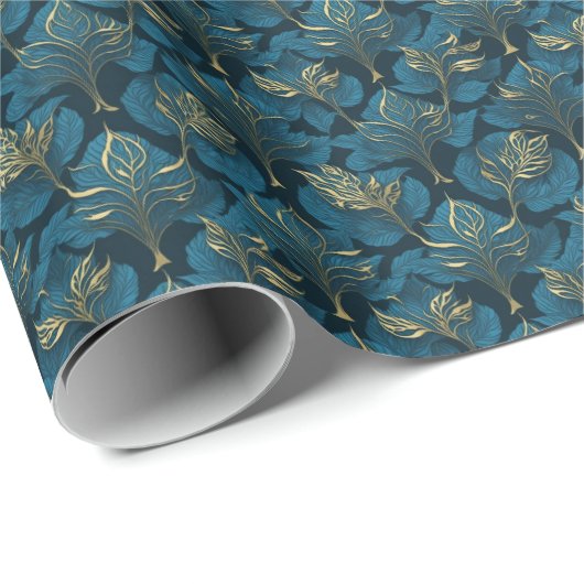 Luxe Goud en Blauwgroen Blauw Abstract Blad Elegan Cadeaupapier (Rol Hoek)