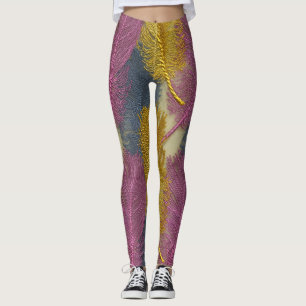 Luxe goud- en mauve veerborduurpatroon leggings