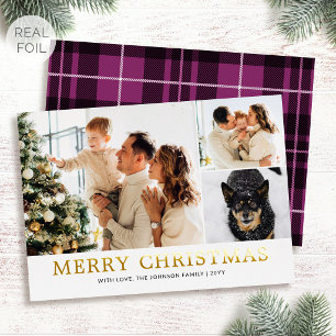 Luxe goud folie kerst familie foto roze ruit feestdagenkaart