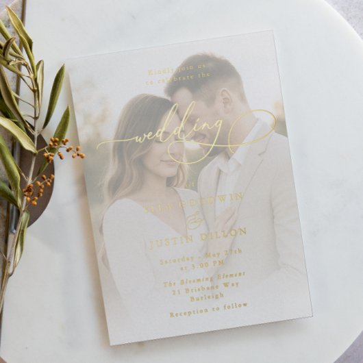 Luxe Goud Folie Script & Portret Bruiloft Uitnodiging