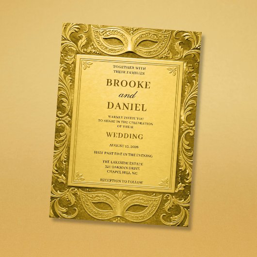 Luxe Goud Geprägde Masquerade Bruiloft Kaart