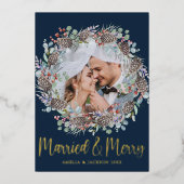 Luxe Goud Getrouwd & Vrolijk Kerstkrans Folie Feestdagenkaart (Voorkant)