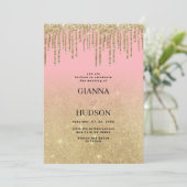 Luxe goud glitter roze ombre druipt bruiloft kaart (Staand voorkant)