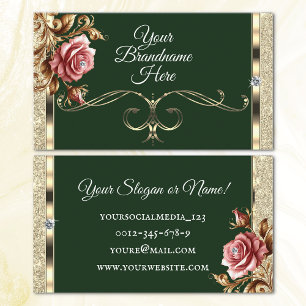 Luxe Goud Glitter Roze Roos Donkergroen Visitekaartje
