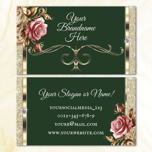 Luxe Goud Glitter Roze Roos Donkergroen Visitekaartje
