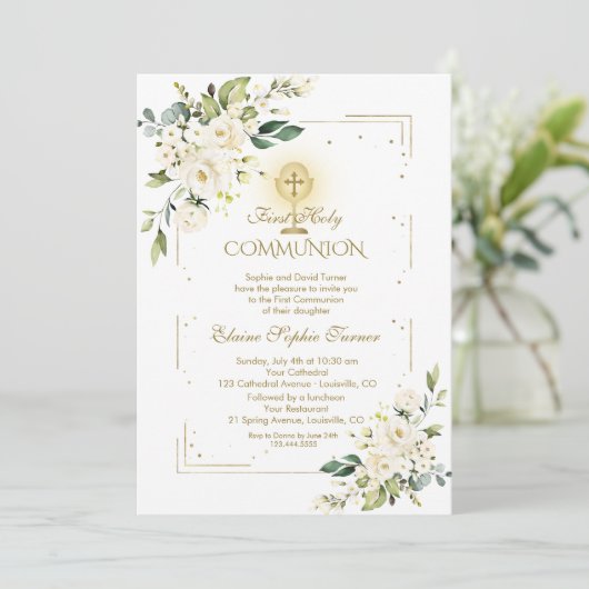 Luxe Goud Glitter Witte Bloem Heilige Communie Kaart (Staand voorkant)