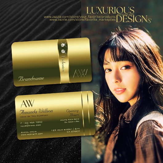 Luxe Goud Heldere Glinsterende Juwelen en Monogram Visitekaartje