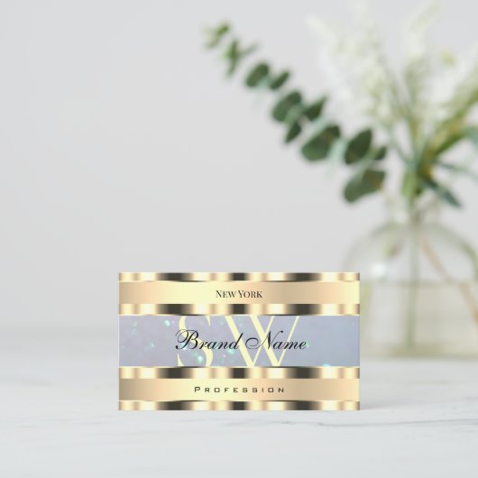 Luxe Goud Licht Blauw Parel Glitter en Monogram Visitekaartje (Staand voorkant)