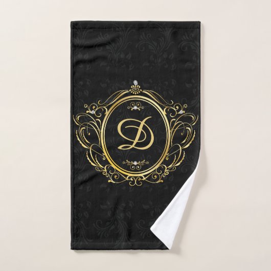 Luxe Goud Lijst Monogram Zwart damast achtergrond Bad Handdoek (Handdoek)