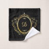 Luxe Goud Lijst Monogram Zwart damast achtergrond Bad Handdoek (Wasdoekje)