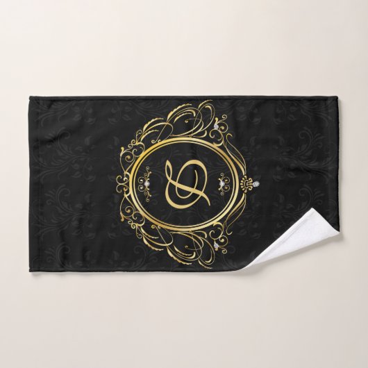Luxe Goud Lijst Monogram Zwart damast achtergrond Bad Handdoek (Handdoek)