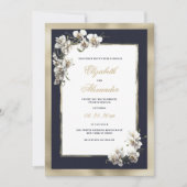 Luxe goud marine blauw wit orchidee bloem bruiloft kaart (Voorkant)