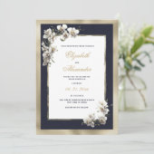 Luxe goud marine blauw wit orchidee bloem bruiloft kaart (Staand voorkant)