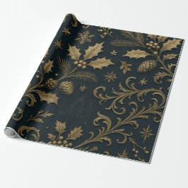 Luxe Goud & Marineblauw Vergulde Botanische Kerstm Cadeaupapier
