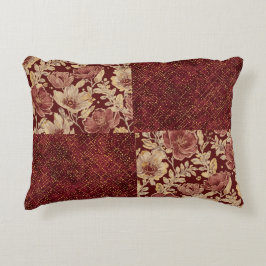 Luxe Goud Maroon Bloemen en Pixels Accent Kussen