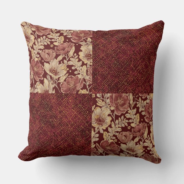 Luxe Goud Maroon Bloemen en Pixels Kussen (Voorkant)