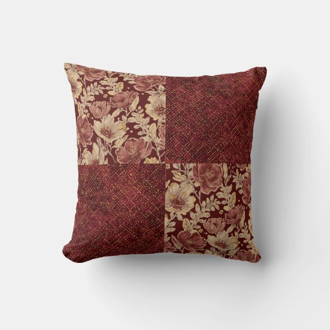 Luxe Goud Maroon Bloemen en Pixels Kussen (Voorkant)