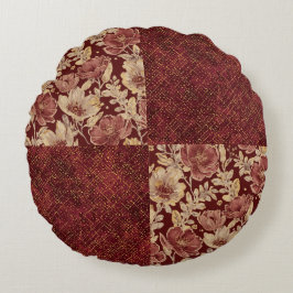Luxe Goud Maroon Bloemen en Pixels Rond Kussen