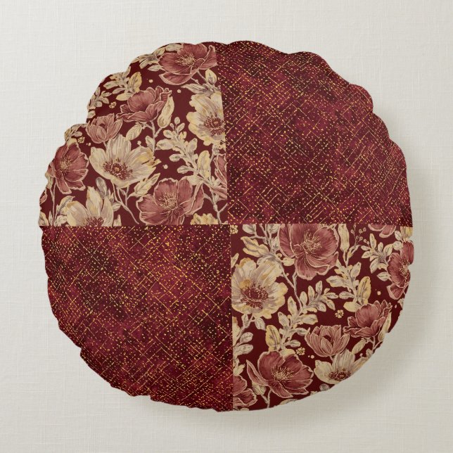 Luxe Goud Maroon Bloemen en Pixels Rond Kussen (Voorkant)