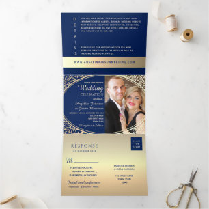 Luxe Goud Navyblauw Bloem Foto Bruiloft Drieluik Uitnodiging