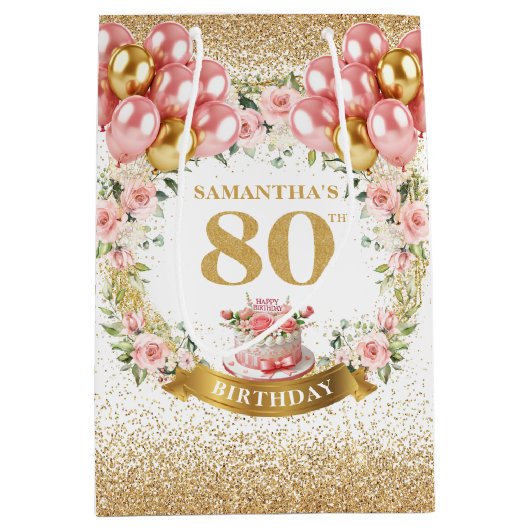 Luxe Goud Nummer 80e Verjaardag Boho Blush Bloemen Medium Cadeauzakje (Voorkant)