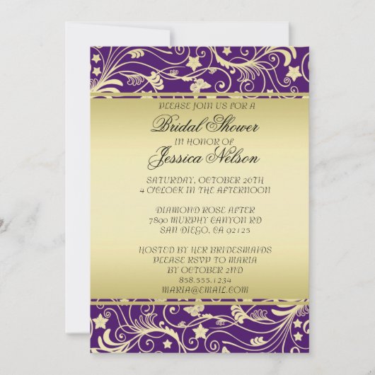 Luxe Goud Paarse Bloemen Swirls Douche Invite Kaart (Voorkant)