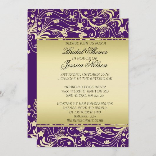Luxe Goud Paarse Bloemen Swirls Douche Invite Kaart (Voorkant / Achterkant)