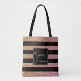 Luxe Goud Roze Glitter Strepen Monogram Naam Tote Bag