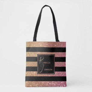 Luxe Goud Roze Glitter Strepen Monogram Naam Tote Bag