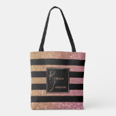 Luxe Goud Roze Glitter Strepen Monogram Naam Tote Bag (Achterkant)