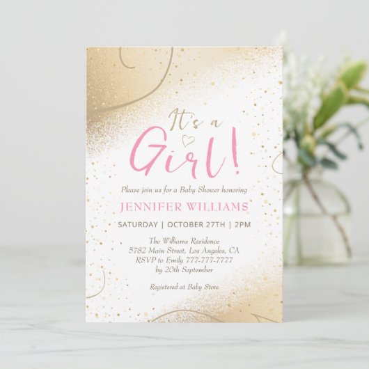 Luxe Goud & Roze Meisje Baby shower Invitation Kaart (Staand voorkant)